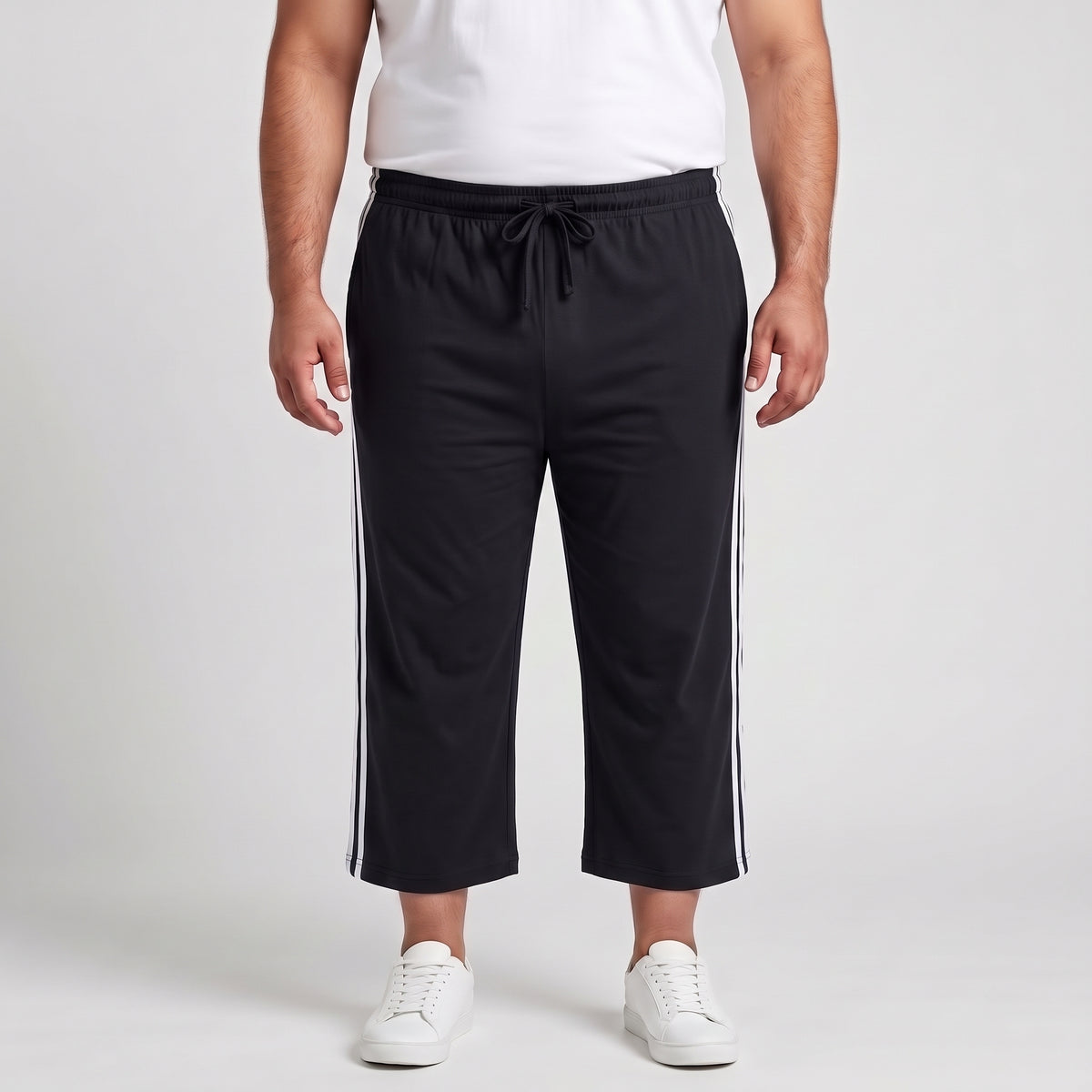 Black and white side stripe 3/4 shorts made from Jersey Cotton fabric