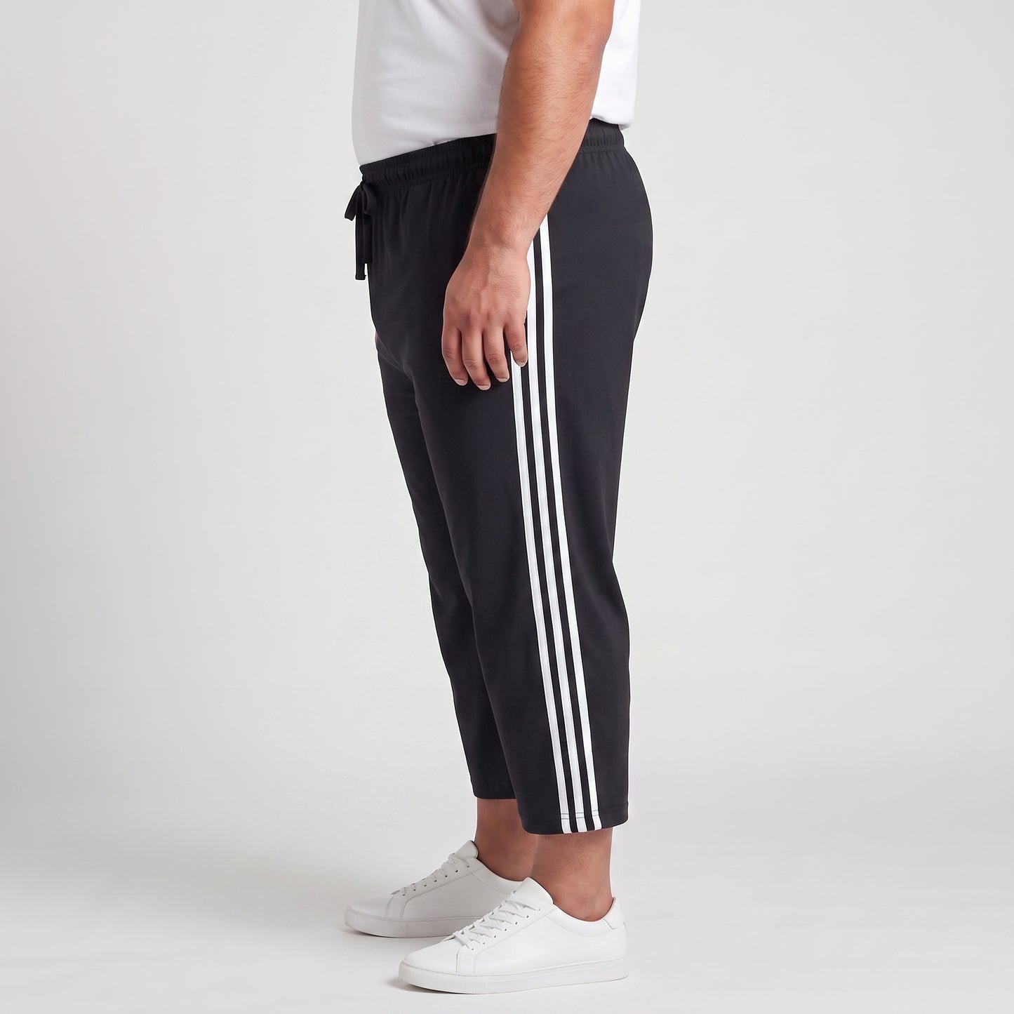 Black and white side stripe 3/4 shorts made from Jersey Cotton fabric