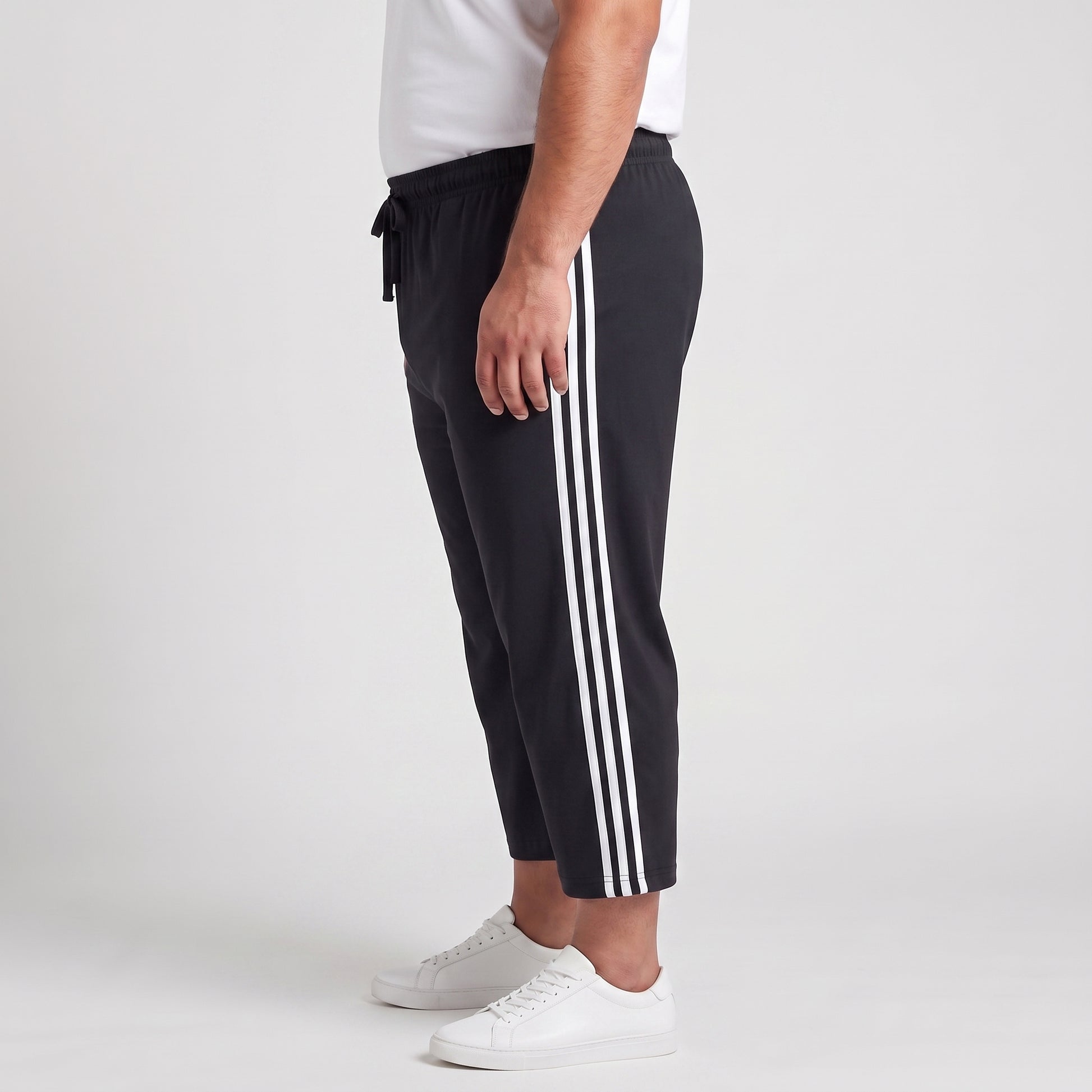 Black and white side stripe 3/4 shorts made from Jersey Cotton fabric