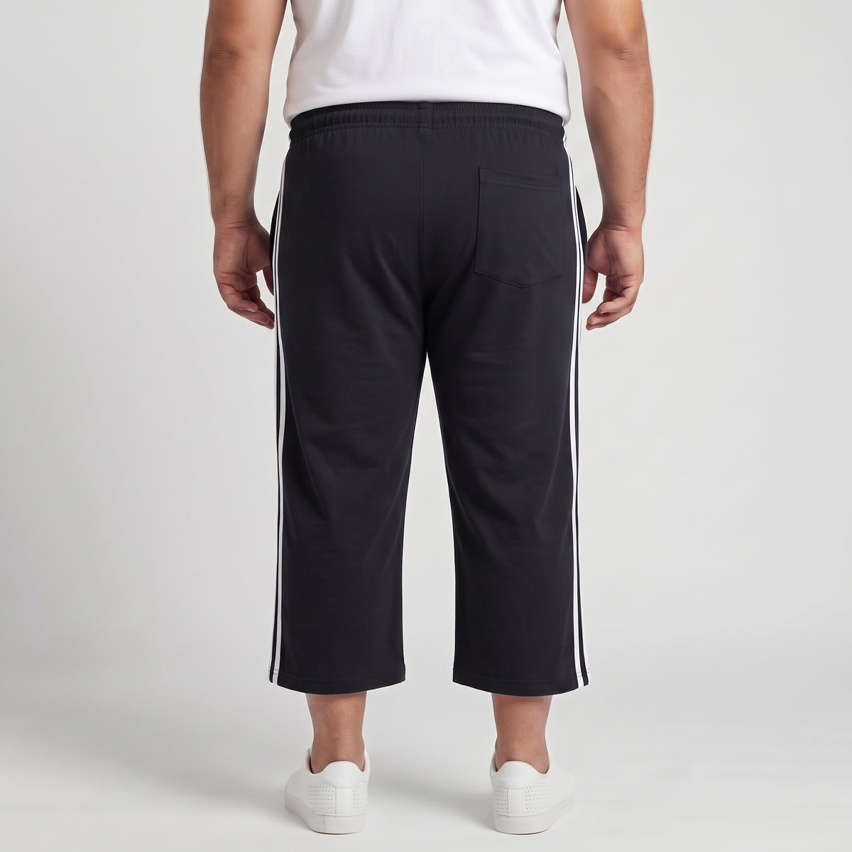 Black and white side stripe 3/4 shorts made from Jersey Cotton fabric