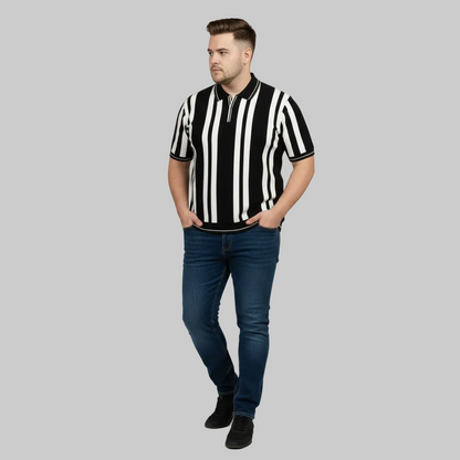 Black & White Vertical Stripe Polo T-Shirt PSM-10636