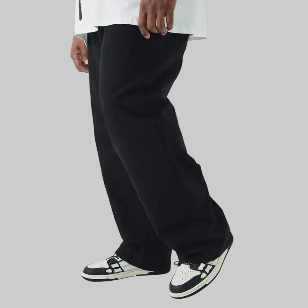 Black wide-leg denim jeans for men with relaxed fit and comfortable casual denim style.