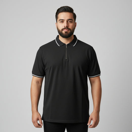 Black Zip Neck Contrast Tipped Plus Size Polo Shirt PSM-10885