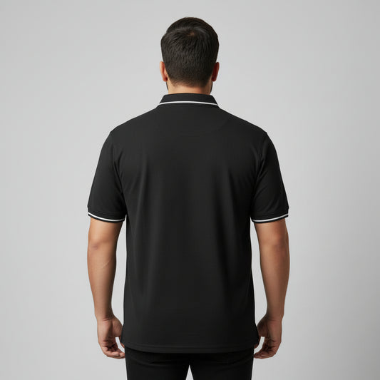 Black Zip Neck Contrast Tipped Plus Size Polo Shirt PSM-10885