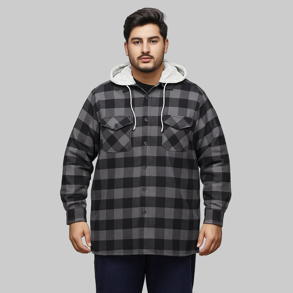 Black buffalo plaid flannel shirt jacket with removable fleece hood displayed on a clean studio background