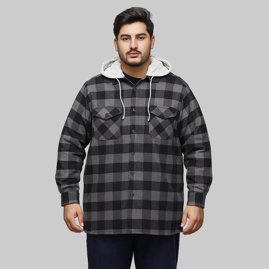 Black buffalo plaid flannel shirt jacket with removable fleece hood displayed on a clean studio background