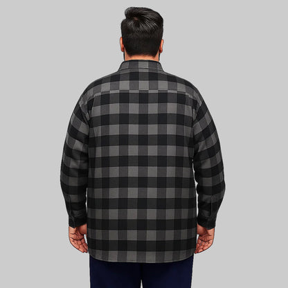 Black buffalo plaid flannel shirt jacket with removable fleece hood displayed on a clean studio background