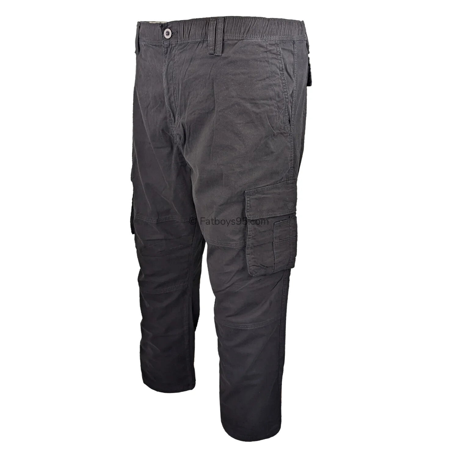 Black stretch cargo trousers with elastic waist and multiple pockets.