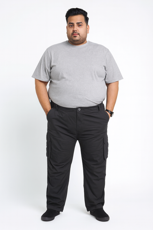 Black stretch cargo trousers with elastic waist and multiple pockets.