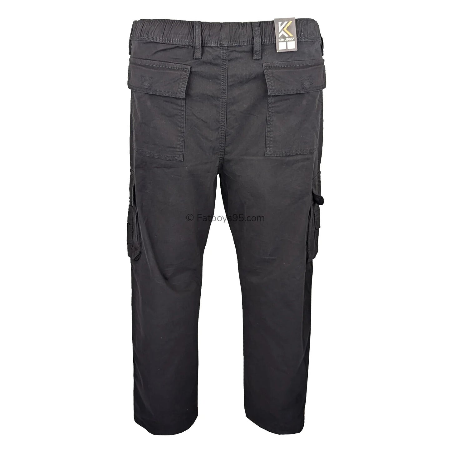 Black stretch cargo trousers with elastic waist and multiple pockets.