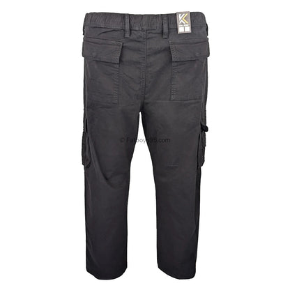 Black stretch cargo trousers with elastic waist and multiple pockets.