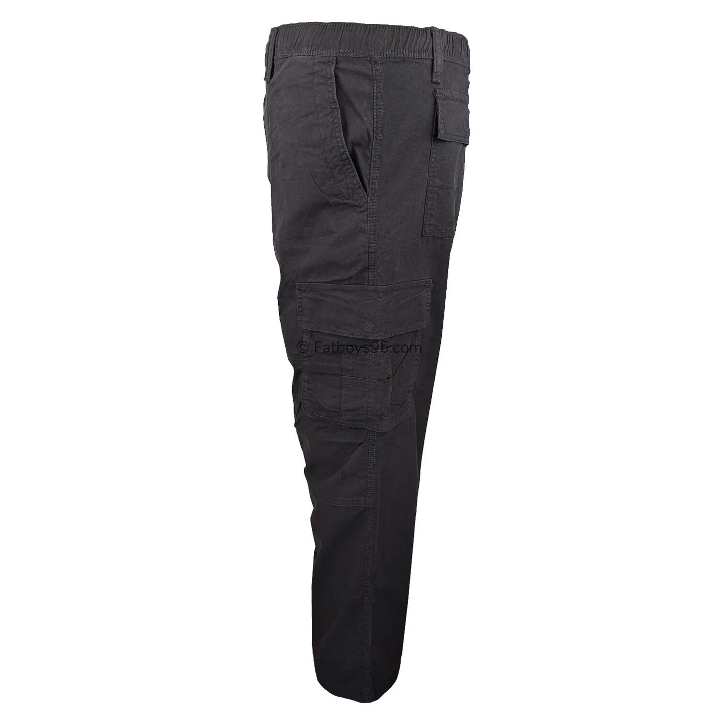 Black stretch cargo trousers with elastic waist and multiple pockets.