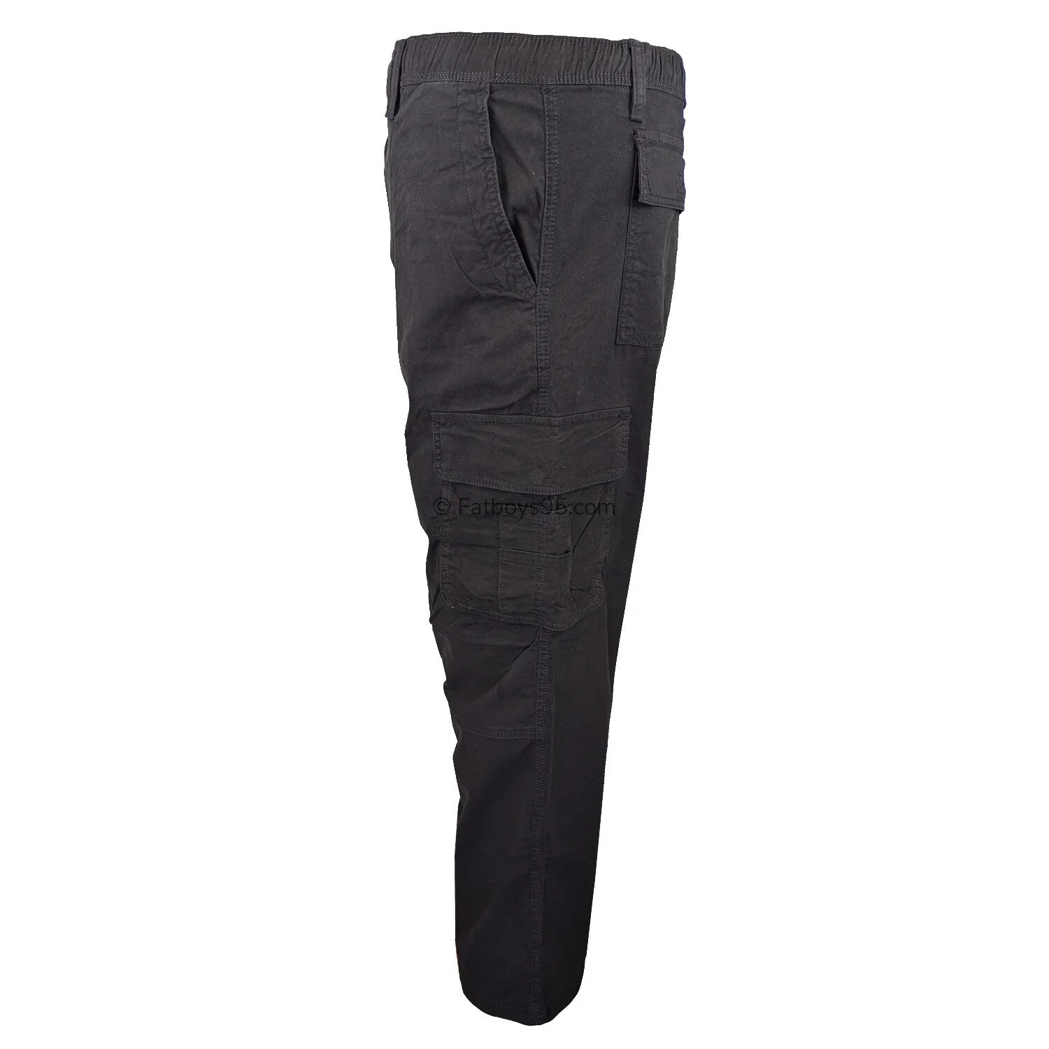 Black stretch cargo trousers with elastic waist and multiple pockets.