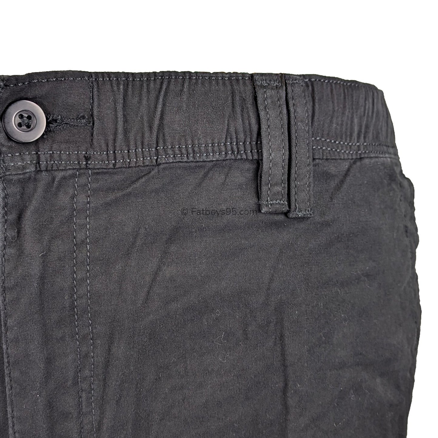 Black stretch cargo trousers with elastic waist and multiple pockets.