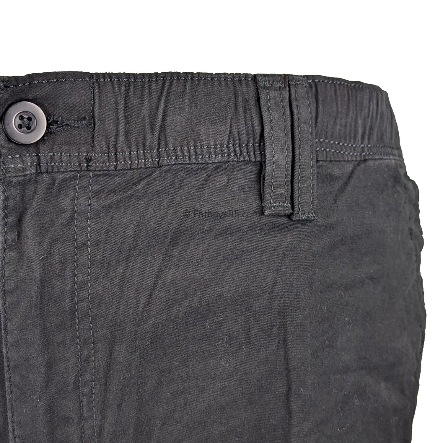 Black stretch cargo trousers with elastic waist and multiple pockets.