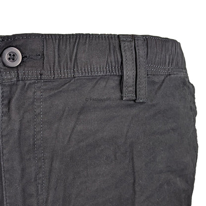 Black stretch cargo trousers with elastic waist and multiple pockets.