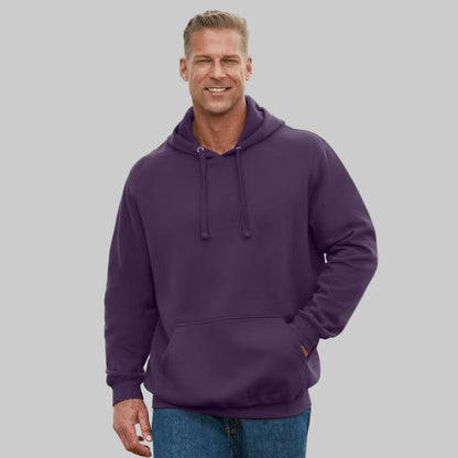 Blackberry fleece pullover hoodie for plus-size men with drawstring hood, front pouch pocket, and ribbed cuffs — lightweight cotton-poly comfort wear.