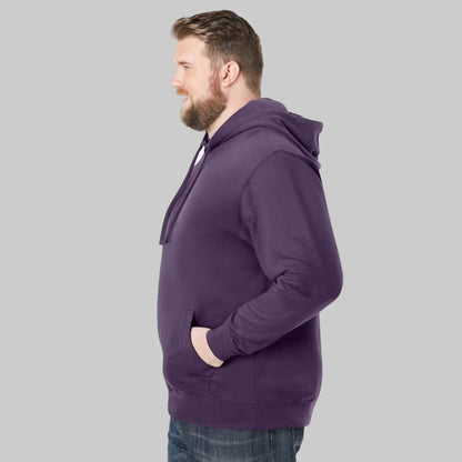 Blackberry fleece pullover hoodie for plus-size men with drawstring hood, front pouch pocket, and ribbed cuffs — lightweight cotton-poly comfort wear.
