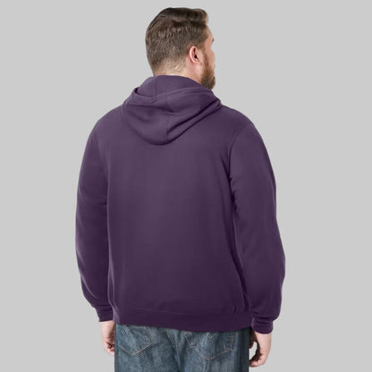Blackberry fleece pullover hoodie for plus-size men with drawstring hood, front pouch pocket, and ribbed cuffs — lightweight cotton-poly comfort wear.