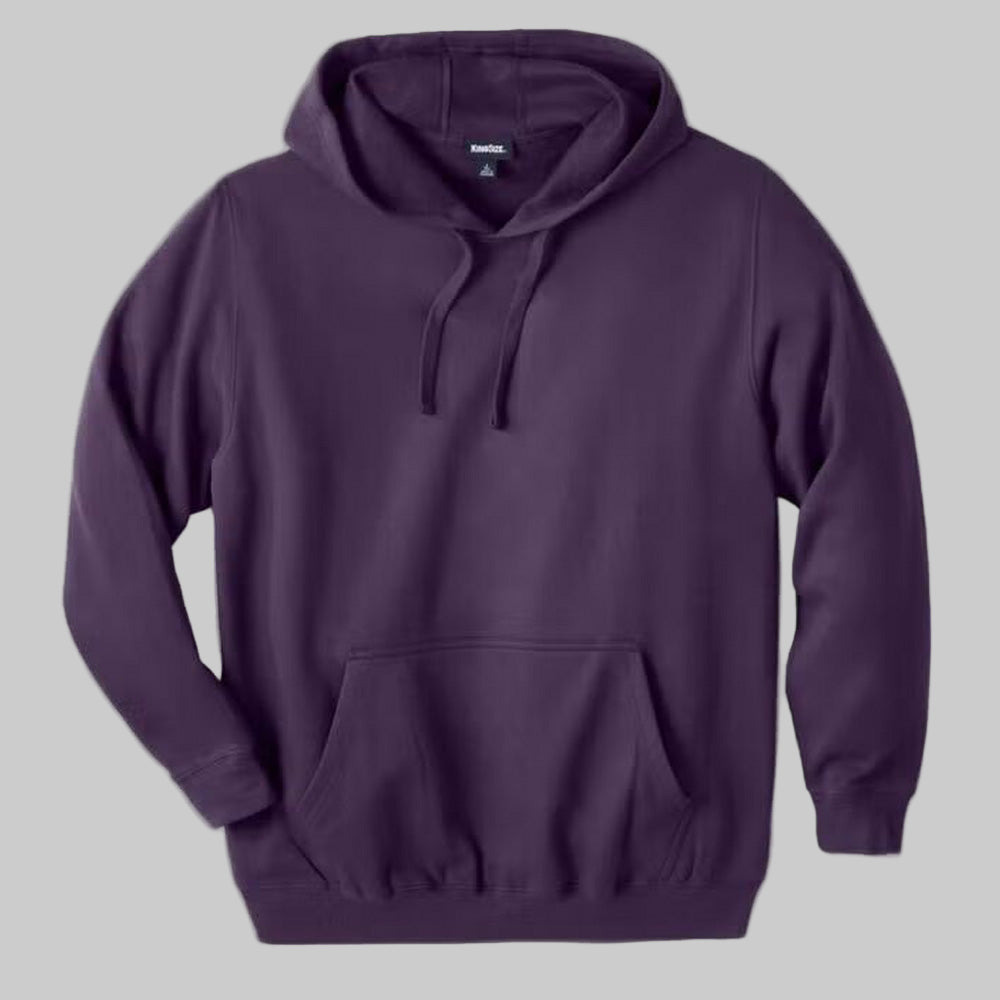 Blackberry fleece pullover hoodie for plus-size men with drawstring hood, front pouch pocket, and ribbed cuffs — lightweight cotton-poly comfort wear.