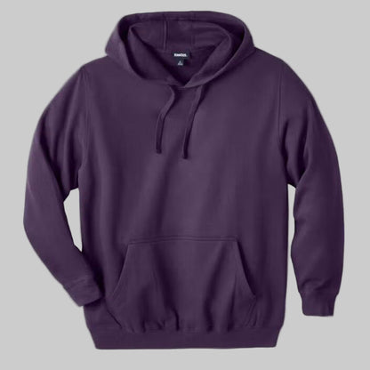 Blackberry fleece pullover hoodie for plus-size men with drawstring hood, front pouch pocket, and ribbed cuffs — lightweight cotton-poly comfort wear.