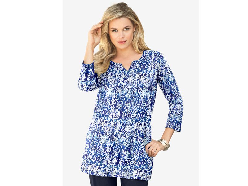 Abstract Print Three-Quarter Notch-Neck Soft Knit Tunic PSW-6327