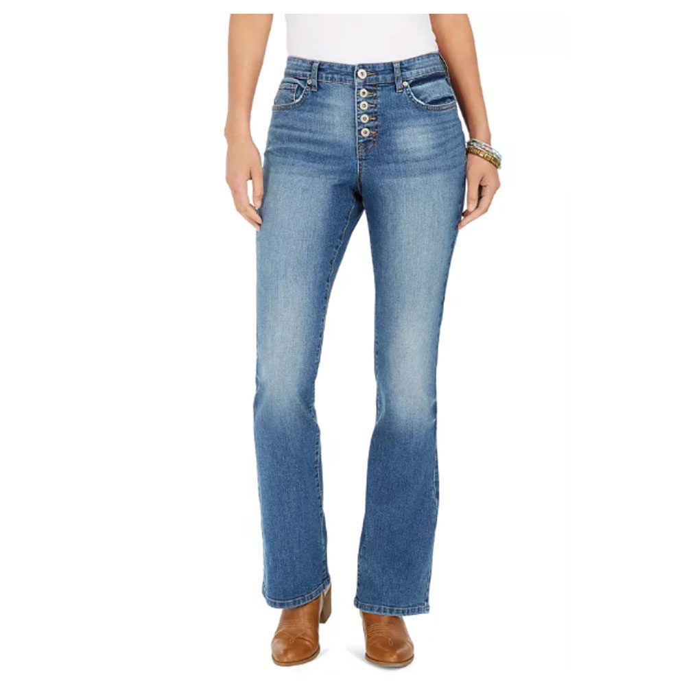 Blue Button Fly Bootcut Jeans PSW-7714