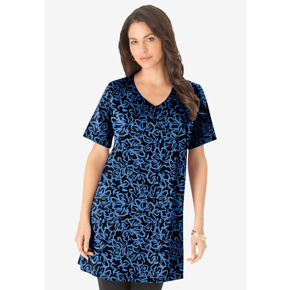 Blue Graphic Blossom V-Neck Ultimate Tunic PSW-8720