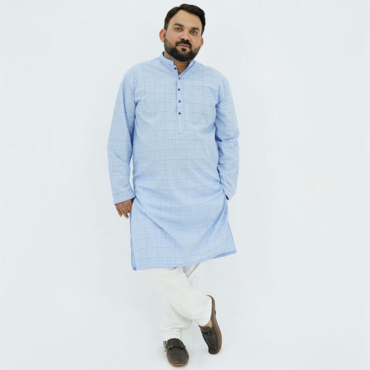 Sky Blue Checkered Plus Size Kurta Pajama PSM-9055