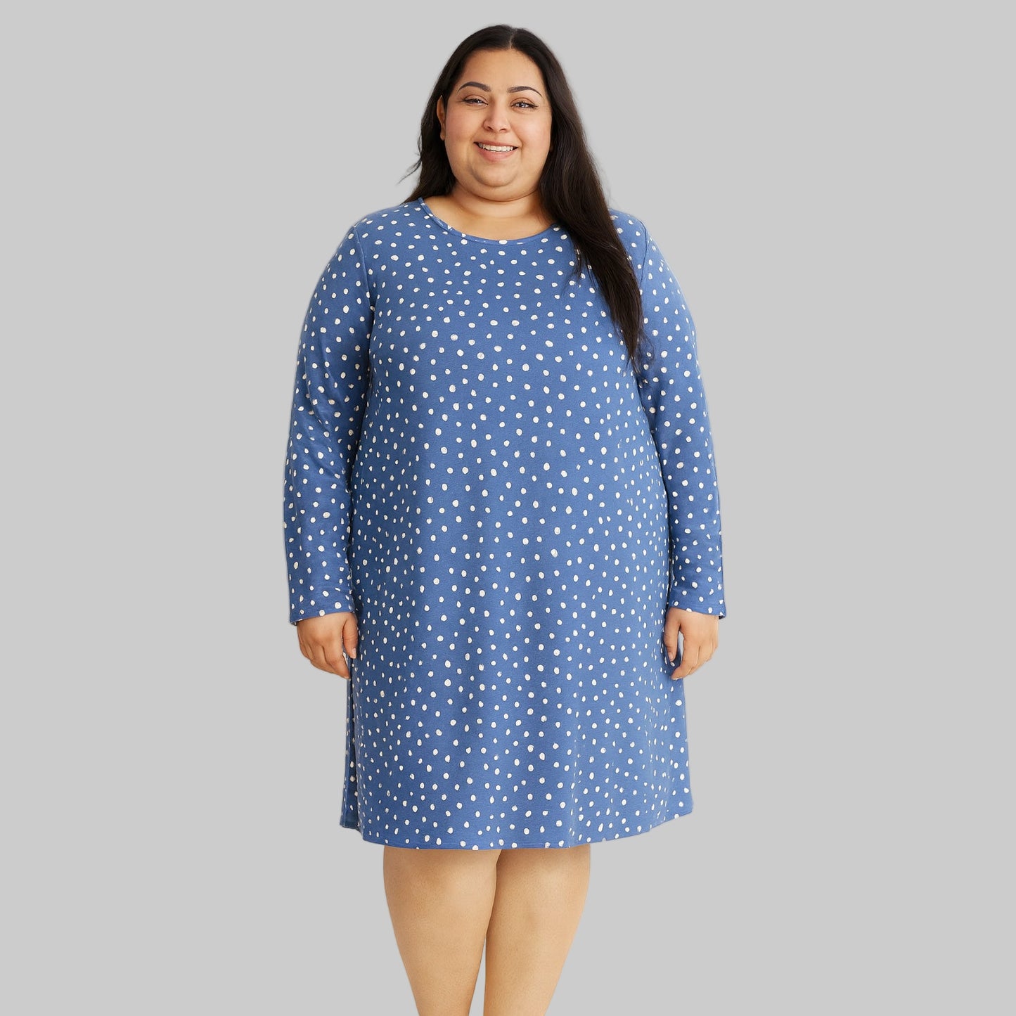 Plus size woman wearing a Blue Polka Dot Long Sleeve Sleepshirt, knee length with long sleeves, cotton jersey fabric.