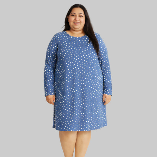 Plus size woman wearing a Blue Polka Dot Long Sleeve Sleepshirt, knee length with long sleeves, cotton jersey fabric.