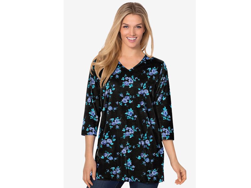 Blue Rose Ditsy Bouquet Three Quarter Sleeve V-Neck Tunic PSW-6834