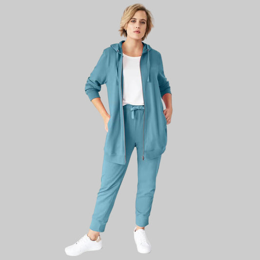 Blue Sea French Terry Joggers with elastic waistband, drawstring, and ribbed cuffs — soft ankle-length lounge joggers for women.