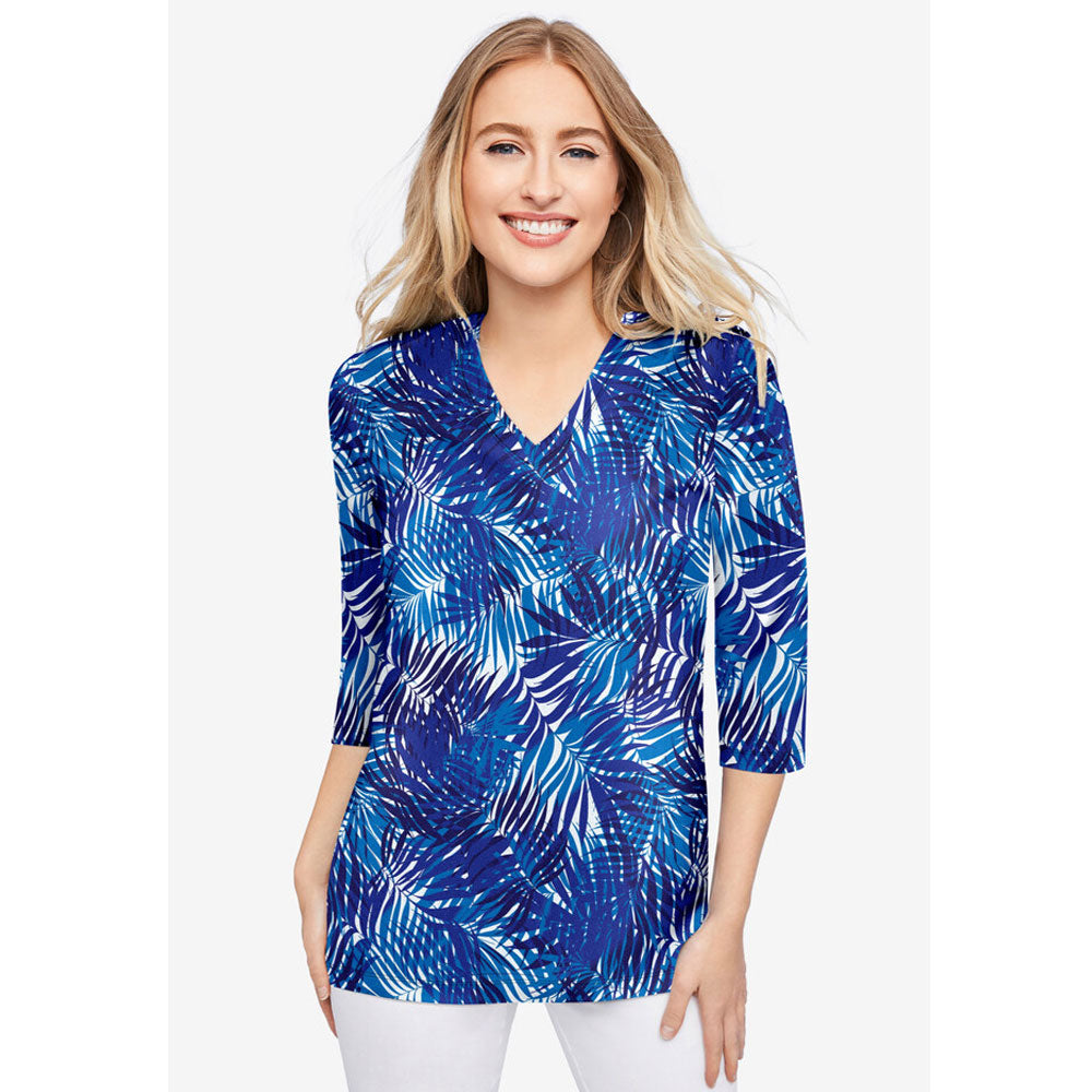 Blue Tropical Stretch Cotton V-Neck Tee PSW-8259