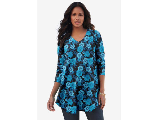 Blue Wall Flower V-Neck Thermal Tunic PSW-7306