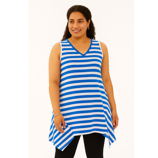 Woman wearing blue and white sleeveless cotton tunic with hanky hem and V-neck

