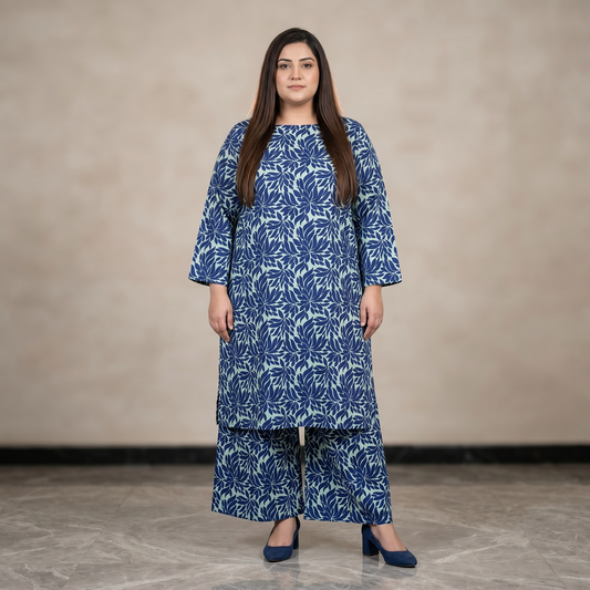 Woman wearing a blue floral patterned outfit against a beige background
