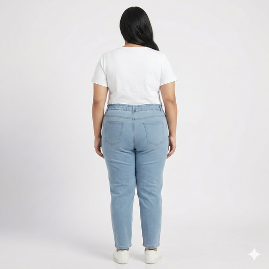 Blue Elastic Waist Slim Straight Denim Pants PSW-11082