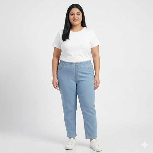 Blue Elastic Waist Slim Straight Denim Pants PSW-11082