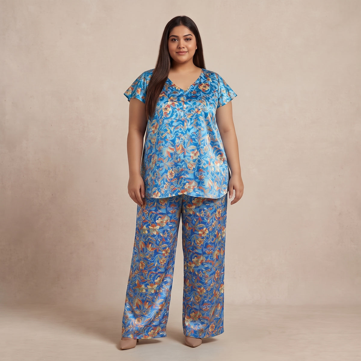 Blue Floral Print Silk Co-Ord Set for Women in elegant floral design 