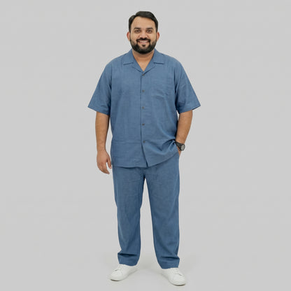 Blue Irish Linen Cuban Collar Co-Ord Set with Cuban collar shirt and matching trousers 