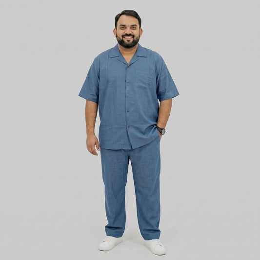 Blue Irish Linen Cuban Collar Co-Ord Set with Cuban collar shirt and matching trousers 