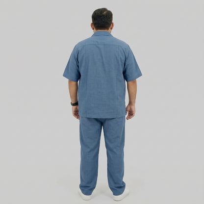 Blue Irish Linen Cuban Collar Co-Ord Set with Cuban collar shirt and matching trousers