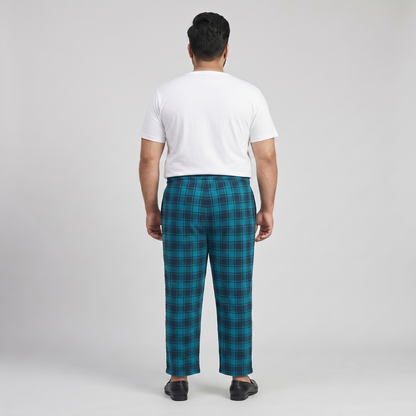 Blue Plaid Jersey Lycra Plus-Size Trousers PSM-9561