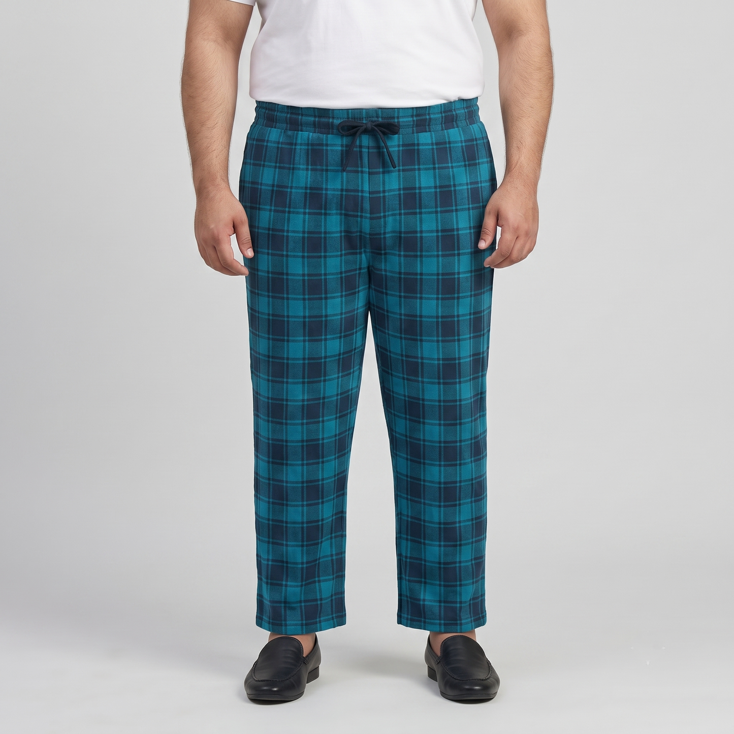 Blue Plaid Jersey Lycra Plus-Size Trousers PSM-9561