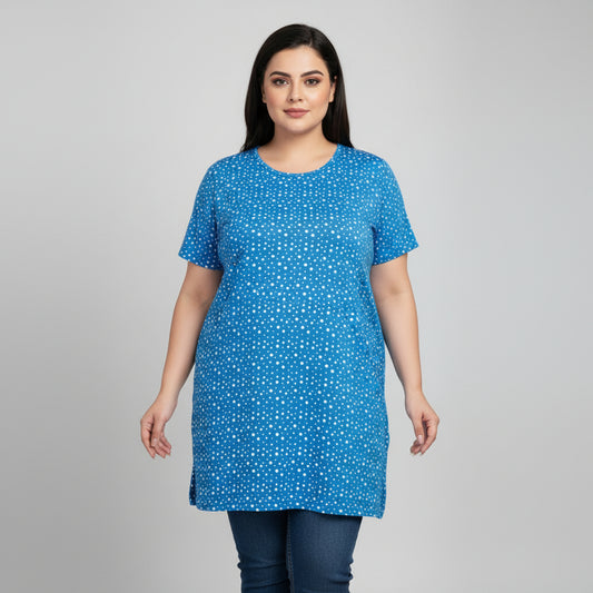 Blue polka dot plus size sleep tunic with white dots and short sleeves.