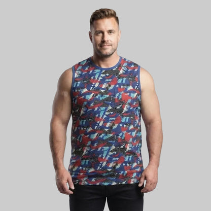 Front view of a Blue Red Camo Big & Tall sleeveless muscle T-shirt made from soft jersey cotton featuring an all-over camouflage print.
