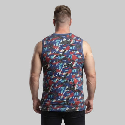 Front view of a Blue Red Camo Big & Tall sleeveless muscle T-shirt made from soft jersey cotton featuring an all-over camouflage print.