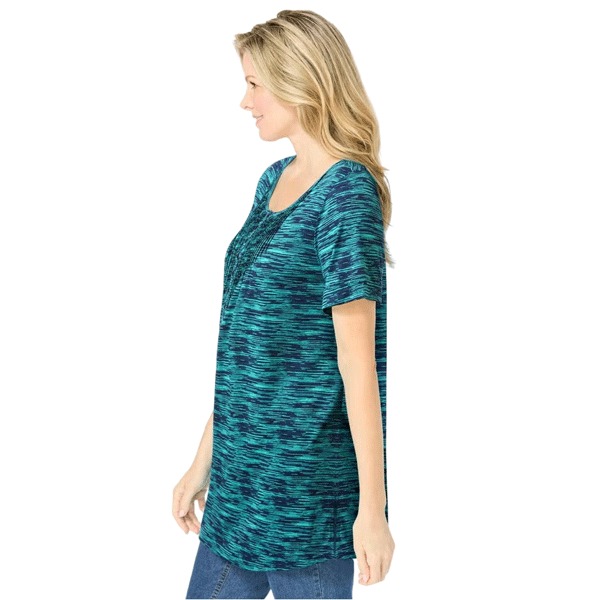 Blue Teal pintucked Henley short sleeve tunic 