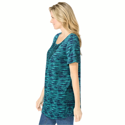 Blue Teal pintucked Henley short sleeve tunic 